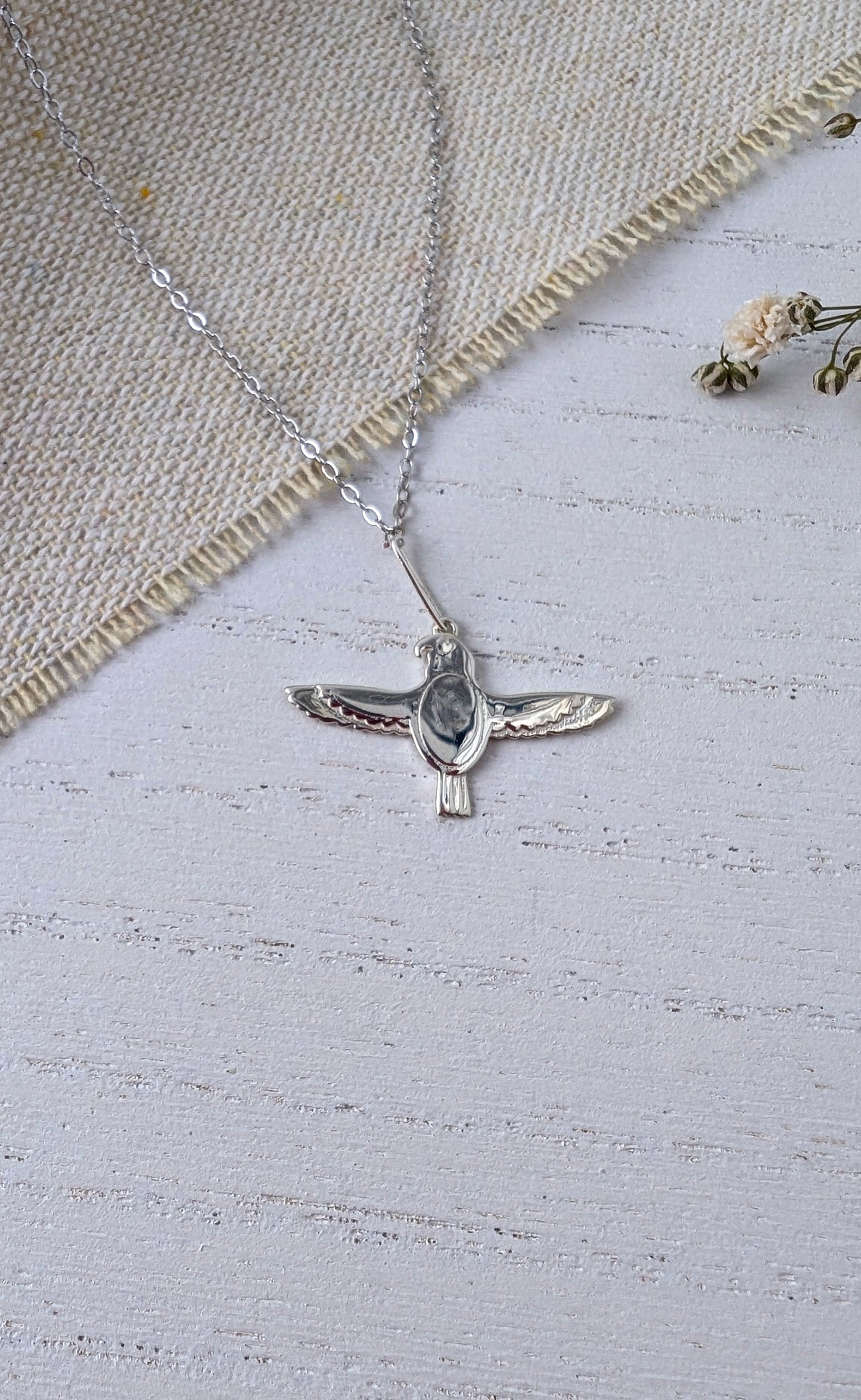 silver falcon necklace on wooden background