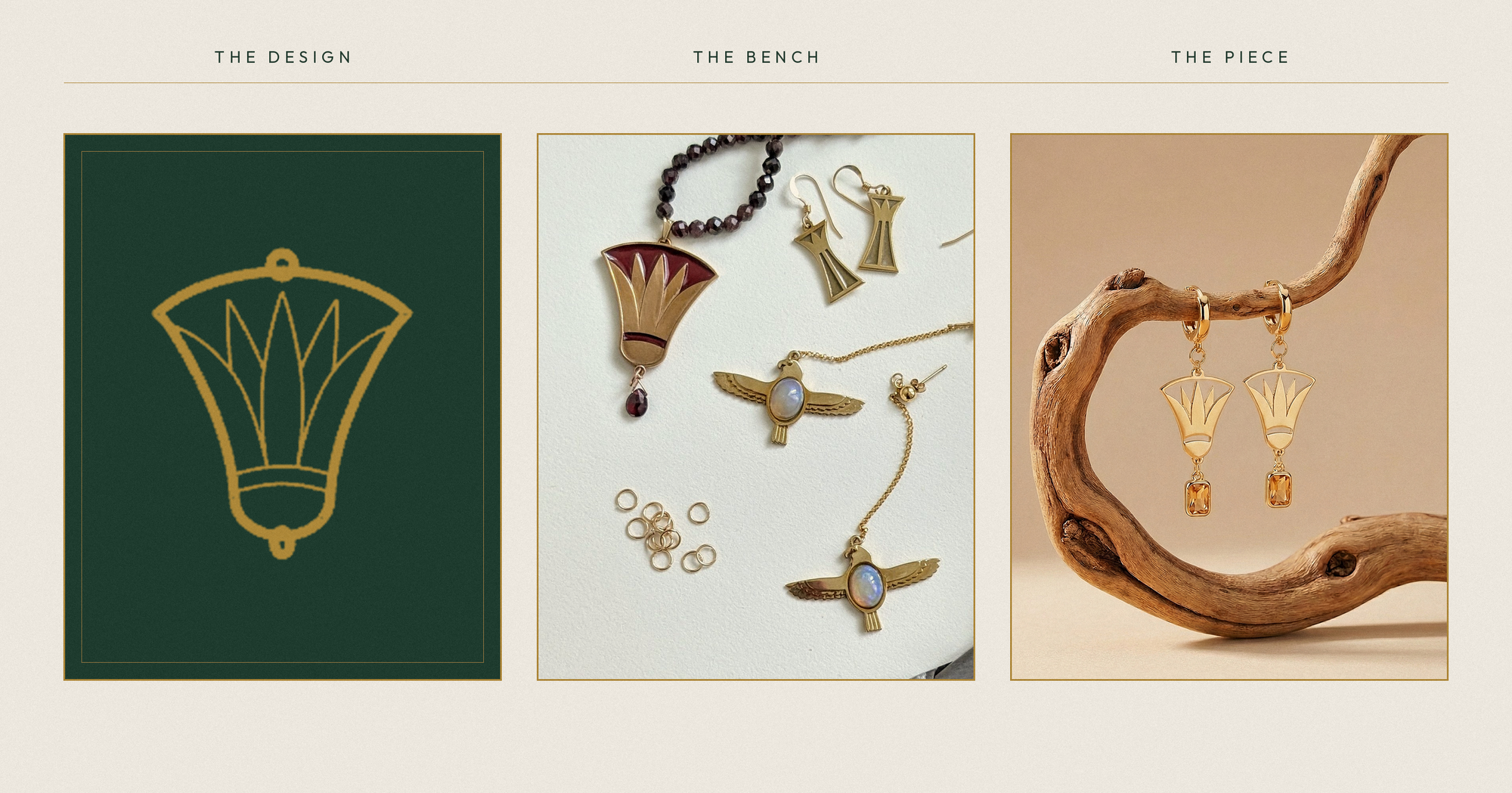 Jewelry design process showing a gold earring on a green background, jewelry on a white surface, and gold earrings on a wooden piece.