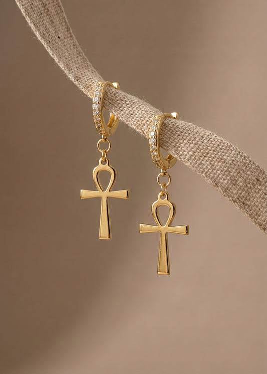 Gold ankh drop earrings with pavé huggie hoops