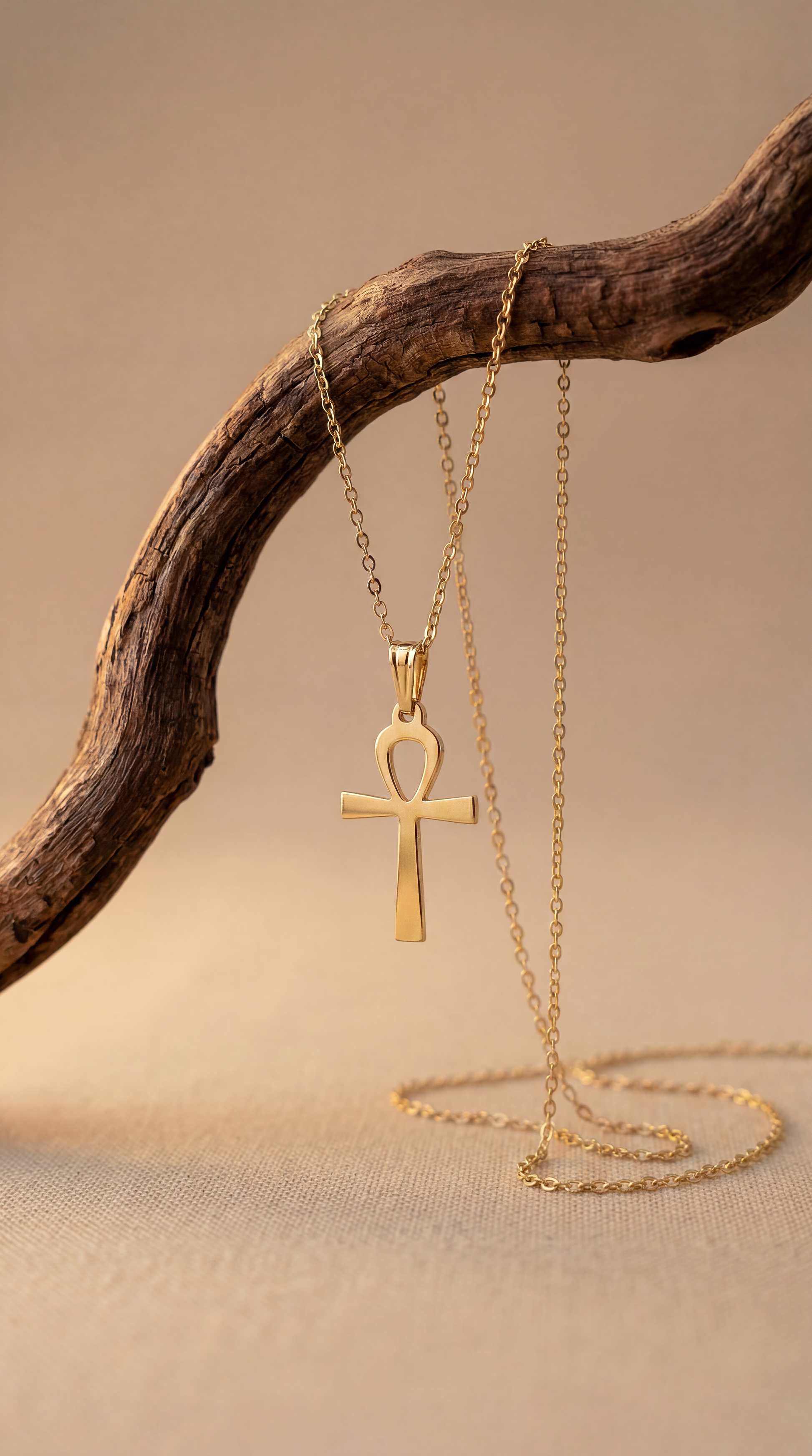 Gold ankh pendant necklace on a wooden branch with a beige background