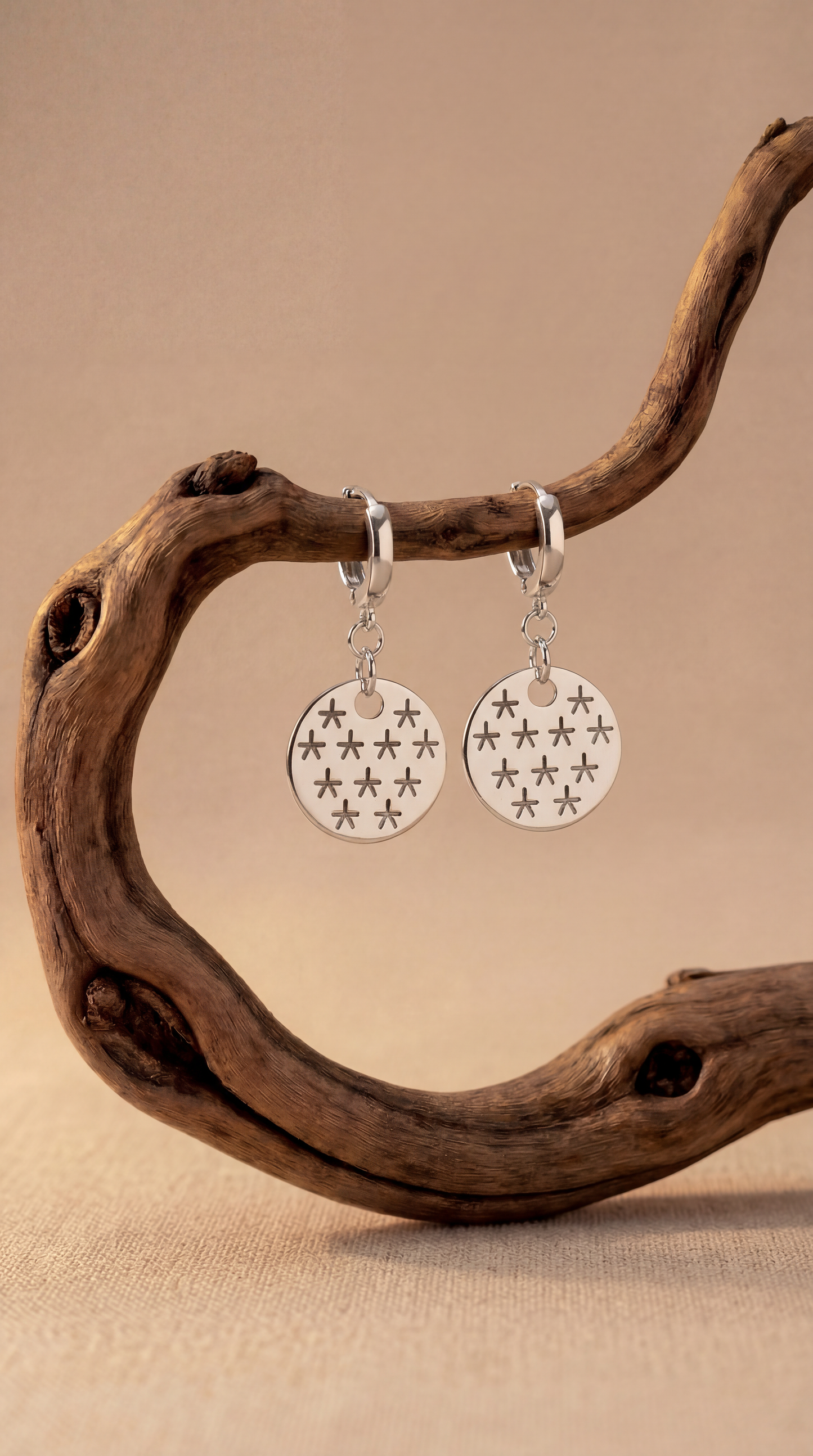Silver earrings with star designs hanging from a piece of driftwood on a beige background