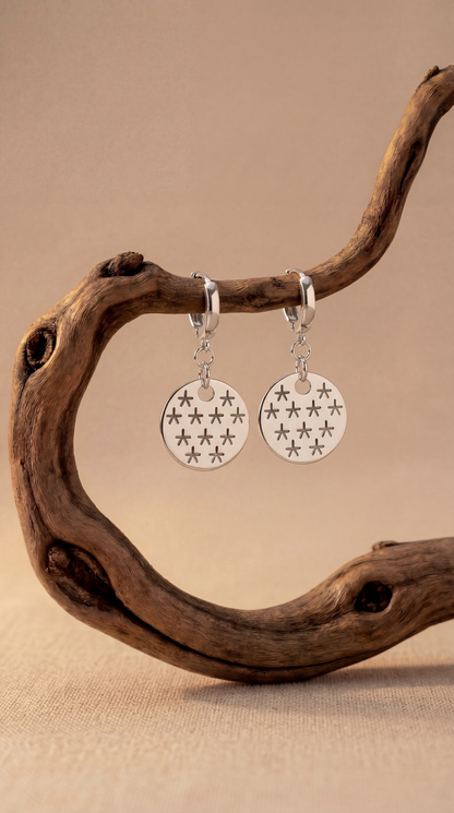 Silver earrings with star designs hanging from a piece of driftwood on a beige background